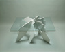Iceberg Table, ©1983<br>Plate glass, plate steel and white automotive paint. <br>
26h x 40w x 42d (inches) <br>
Private commission 
