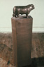 Hereford Bull, Animal Pedestal Series, ©1977<br>Bronze powder in plastic over Rhoplex and gauze on plastic, wood and canvas. <br>
42.25h x 14.25w x 8.5d (inches) <br>
Private collection <br>
Photo by Peter Lester <br>
Exhibited: Droll/Kolbert, 1978