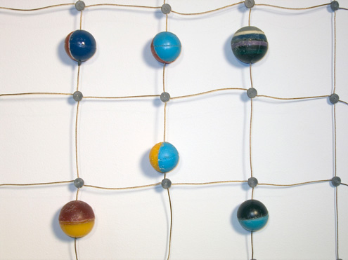 Hooey (detail), ©2005<br>Monel wire rope, lead seals, epoxy, pigment and ring terminals. <br>
39h x 39w x 1.66d (inches) <br>
Estate of Charles Fahlen <br>
Photo by Kelly McManus <br>
Exhibited: Steven Wolf Fine Arts, 2008, Quicksilver Mine Co., 2012