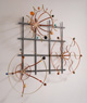 Humdinger, ©2009<br>Steel, brass, copper, epoxy, wood and pigments. <br>
56h x 60w x 8.5d (inches) <br>
Estate of Charles Fahlen <br>
Photo by Kelly Mc Manus <br>